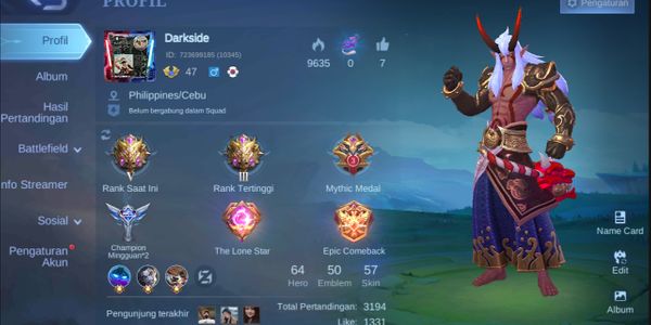 Rank Mythic Hero 64 Emblem 50 + KOF KARINA + SPECIAL GUINVERE + SPECIAL BADANG , ESTES DLL