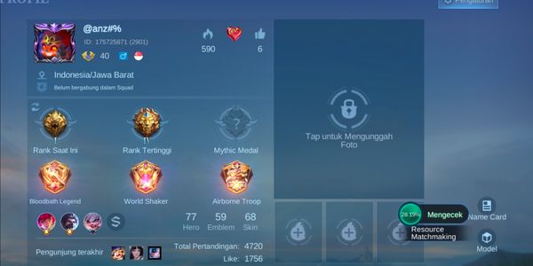 Mobile Legend Hero77 Skin68 Allunbind Sultan account is really good, safe and luxurious