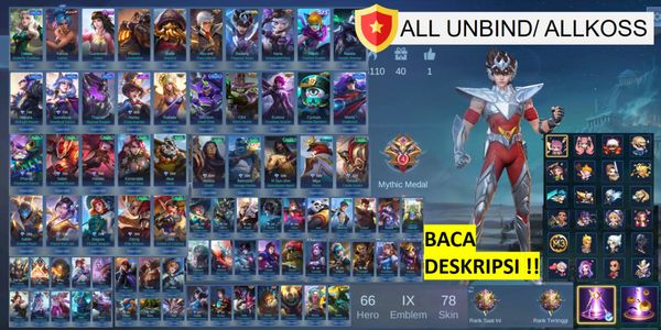 Full EMBLEM MAX account (9), WR GG Badang Saint Seiya, 46 Emotes, Starlight Guinevere, Epic Harley, Kof Karina, many Heroes and Skins
