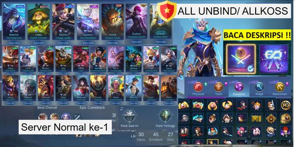 1 Account 2 normal servers (Not Advance server), luxury Skin & WR GG, GS EPIC, ALDOS EPIC, ROGER EPIC, Kimmy Special etc (All unbind/ Cheapest AllKos)