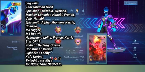Gord's annual mobile legend skin legend valir star account