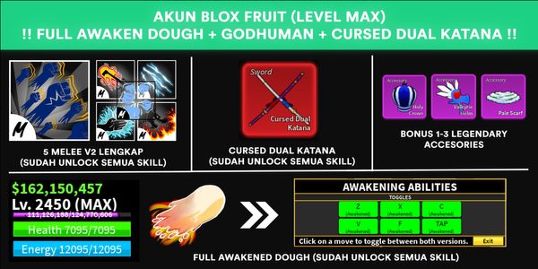 Blox Fruit Account Full Awakened Dough + Cursed Dual Katana + Godhuman (MAX Level)