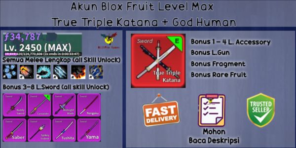 Blox Fruit Level Max GODHUMAN Account (True Triple Katana)