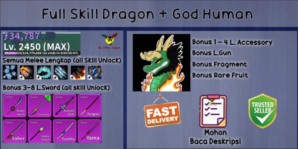 Blox Fruit Account Lvl MAX GODHUMAN (Full Skill Dragon)