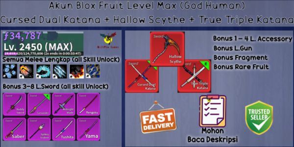 Blox Fruit Account Max Level GODHUMAN (Hallow Scythe + Cursed Dual Katana + True Triple Katana)