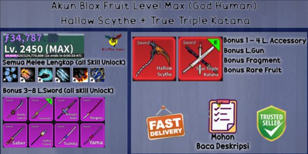 Blox Fruit Level Max GODHUMAN Account (True Triple Katana + Hallow Scythe)