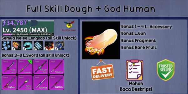 Blox Fruit Account Lvl MAX GODHUMAN (Full Skill Dough)
