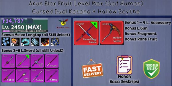 Blox Fruit Account Max Level GODHUMAN (Cursed Dual Katana + Hallow Scythe)