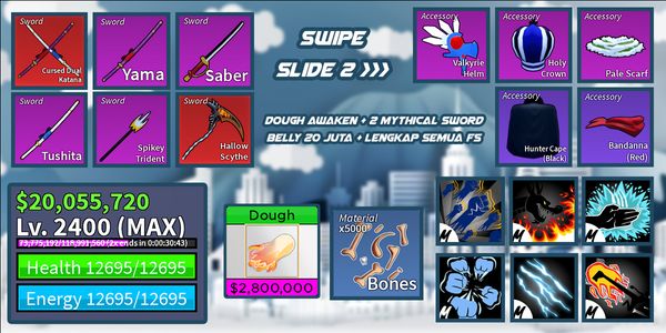 Blox Fruit | Dough Awakening + 2 Mythical Swords + GODHUMAN (MAX LEVEL)