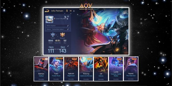 AOV GG FULL HERO Account {Hero 111 Skin 143} 50K+ Gold