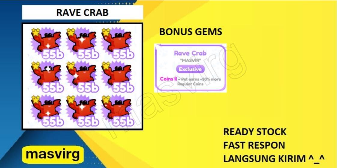 Beli Pet Exclusive Rave Crab Pembelian akan bonus gems Pet Simulator