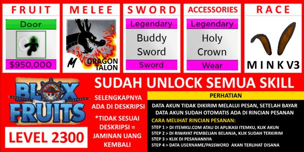 Akun Blox Fruit Lv (MAX) [DOOR] Belum diverifikasi