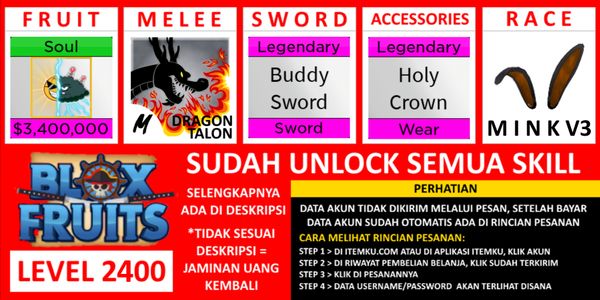 Akun Blox Fruit Lv (MAX) [SOUL] Belum diverifikasi