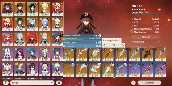 Compte genshin ar55/ hutao,ayaka, keqing,itto zhongli + almost all 4