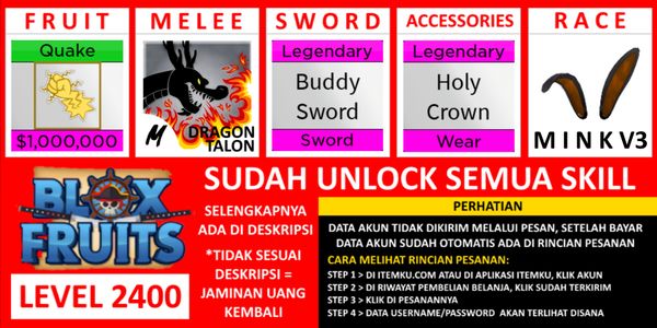 Akun Blox Fruit Lv (MAX) [AWAKEN QUAKE] Belum diverifikasi