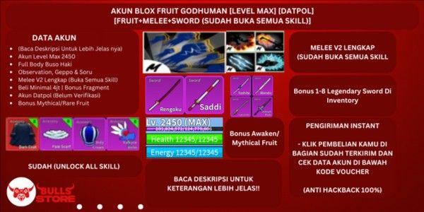 Blox Fruit Account Level Max [Godhuman] (Already Unlocked All Skills) [DATPOL]