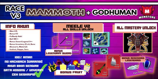 Blox Fruit Account {MAMMOTH + GODHUMAN} [Level MAX ] (Unverified)