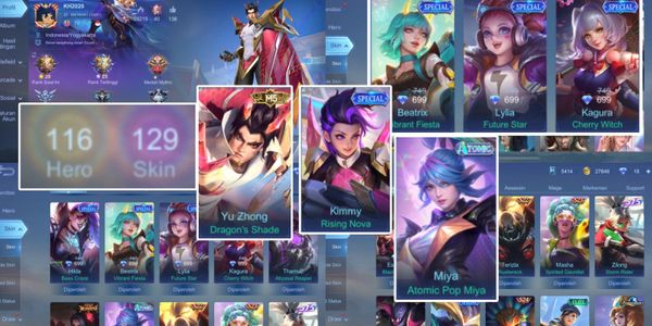 AKUN ML SULTAN, EMBLEM MAX, M5 YUZHONG, SPECIAL BEATRIX, KIMMY, ATOMIC POP MIYA, BANYAK SKIN GG, NO MINUS (5)