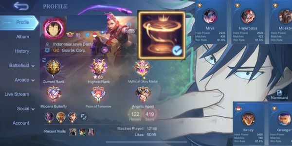 Akun sultan 5 skin legend,4 collector,50 epic,jujutsu,cloudsskin hero,zodiac dan skin mewah lainha