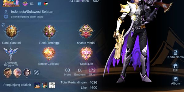 Mobile Legends Sultan account, M2 Clint, M3 Roger, 172 Skins, Emblem Max Level