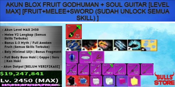 Blox Fruit Account GODHUMAN+Soul Guitar [Level MAX][Melee+Fruit+Sword All Skills Unlock]
