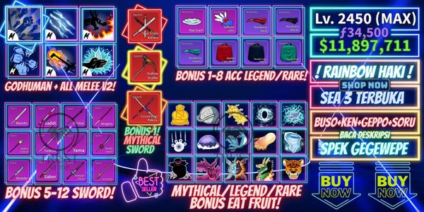 Akun Blox Fruit - MAX | Godhuman + 1 Mythical Sword | True Triple Katana / Hallow Scythe / Cursed Dual Katana | God human