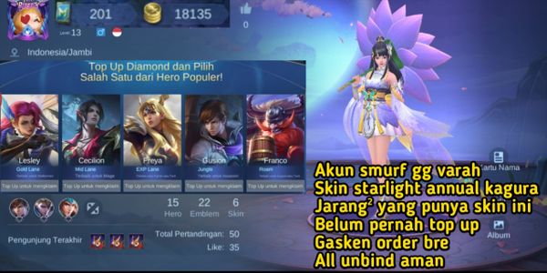 akun smurf gg varah - skin starlight annual kagura - all unbind aman