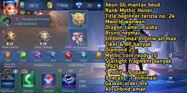 akun mantav mythical honor - mworld wanwan - emblem max VII - all unbind aman