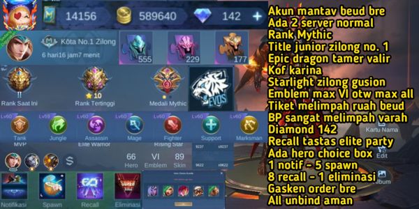 akun gg mantav - epic valir - recall tastas elite party - emblem max VI - tiket & bp melimpah varah - all unbind aman