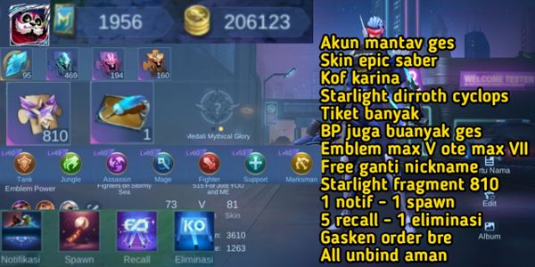 91. epic saber - bp 200k - emblem max V - free ganti nickname - all unbind aman