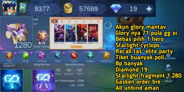 93. akun glory 71 mantav - bebas pilih 1 hero - starlight cyclops - all unbind aman