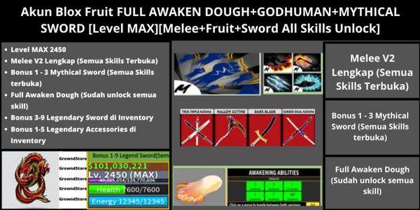 Blox Fruit Account FULL AWAKEN DOUGH+GODHUMAN+MYTHICAL SWORD [Level MAX][Melee+Fruit+Sword All Skills Unlock] Bonus 5M bounty