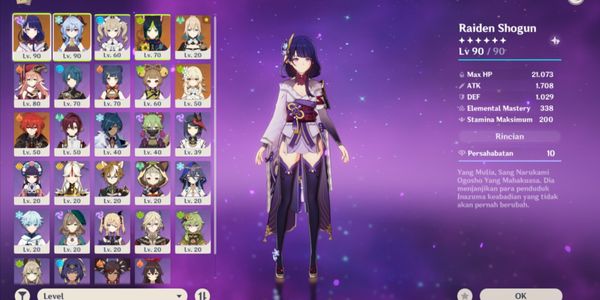 Beli Akun Raiden shogun, ganyu, tighnari, diluc, jean + 2 WEAPON B5 (1 ...