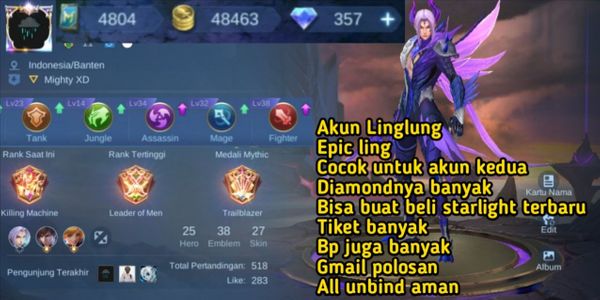 akun cakep - epic ling - diamond banyak - all unbind aman