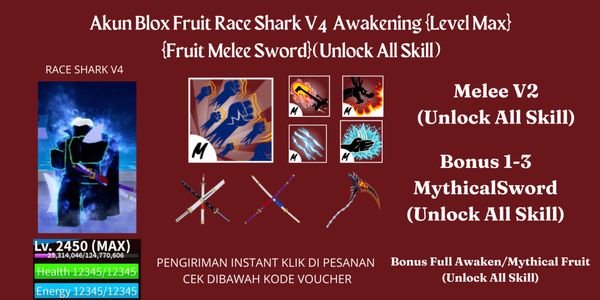 Blox Account Fruit Race Shark V4 Awakening {Level Max} {Fruit Melee Sword}(Unlock All Skills)