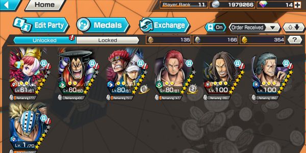 Account 3 Extreme (Shanks Red (B5), Kid & Law (B5), Oden (B4)) + 354 Gold Fragments (GF) + Char BF Uta (B4), Killer (B4) + Many Medal Materials