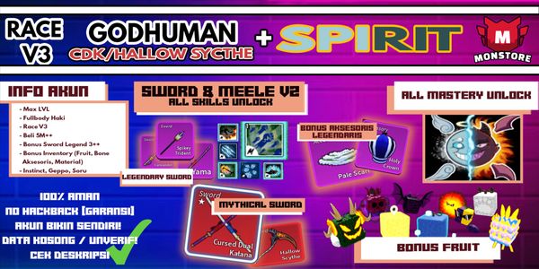 Blox Fruit Account {GODHUMAN + SPIRIT + CDK + HALLOW SCYTHE} [RACE V3][Level MAX ] (Unverified)