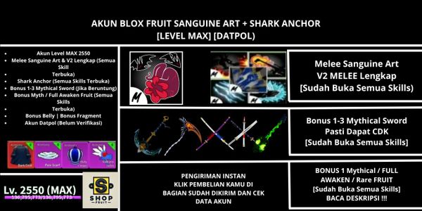 Blox Fruit Sanguine Art + Shark Anchor Account [MAX Level] [Not Verified]