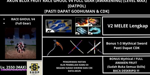 Akun Blox Fruit Race GHOUL V4 Full Gear (Awakening) (Godhuman + CDK) [Level MAX]
