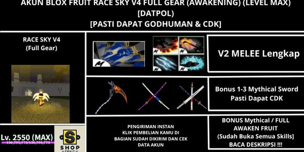 Akun Blox Fruit Race SKY V4 Full Gear (Awakening) (Godhuman + CDK) [Level MAX]