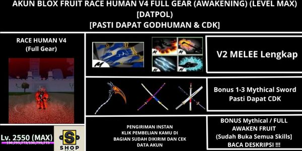 Akun Blox Fruit Race HUMAN V4 Full Gear (Awakening) (Godhuman + CDK) [Level MAX]