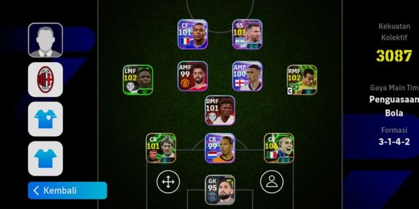 akun efootball siap main ada epic Cannavaro double booster rating 106, epic Cafu, epic Tonny Adams, potw Vinicius