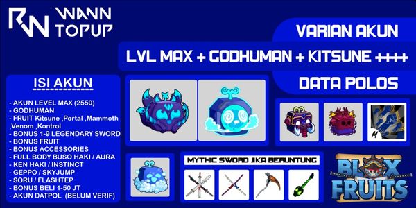 Akun Blox Fruit LEVEL MAX [GODHUMAN + INVENTORY KITSUNE + PORTAL + MAMMOTH + VENOM + KONTROL] [Data polos] [Belum Verifikasi]