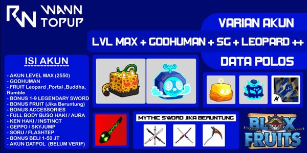 Akun Blox Fruit LEVEL MAX [GODHUMAN + INVENTORY LEOPARD + PORTAL + BUDDHA + RUMBLE + SOUL GUITAR] [Data polos] [Belum Verifikasi]