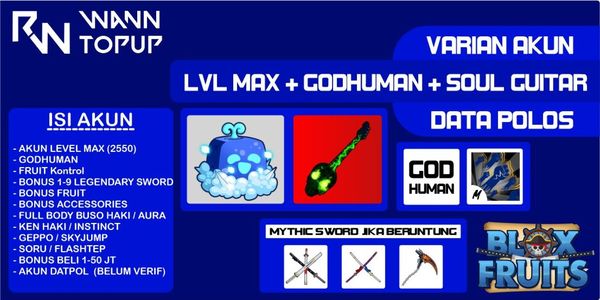 Akun Blox Fruit LEVEL MAX [GODHUMAN + INVENTORY Kontrol + SOUL GUITAR] [Data Polos] [Belum Verifikasi]