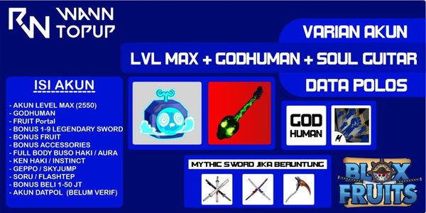 Akun Blox Fruit LEVEL MAX [GODHUMAN + INVENTORY Portal + SOUL GUITAR] [Data Polos] [Belum Verifikasi]