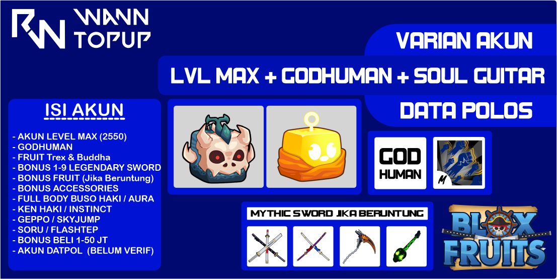 Akun Blox Fruit LEVEL MAX [GODHUMAN + INVENTORY Trex + BUDDHA] [Data polos] [Belum Verifikasi]