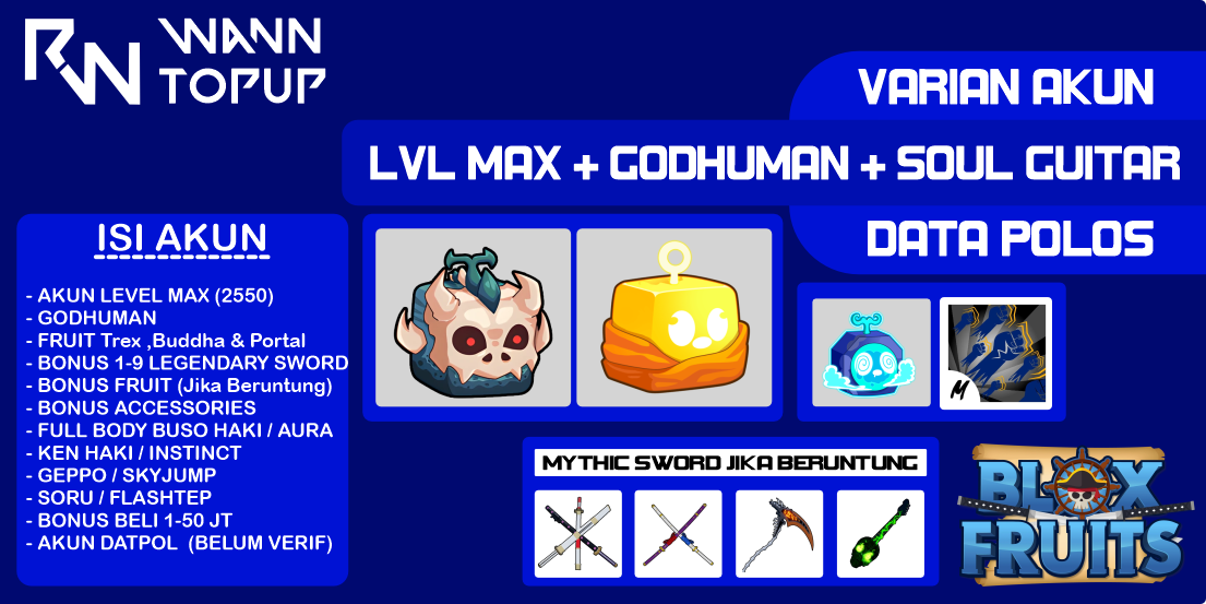 Akun Blox Fruit LEVEL MAX [GODHUMAN + INVENTORY Trex + BUDDHA + PORTAL] [Data polos] [Belum Verifikasi]