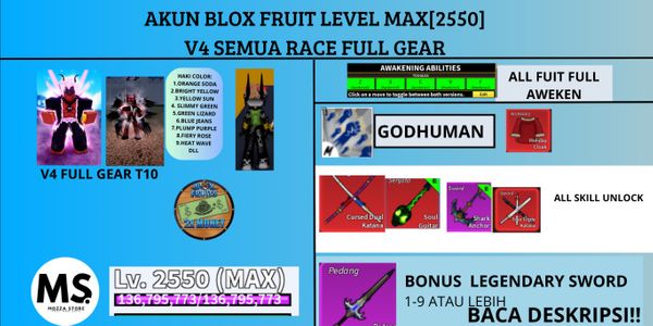 AKUN BLOXFRUIT LEVEL MAX(2550) ALL FRUIT FULL AWK CDK+TTK+SG