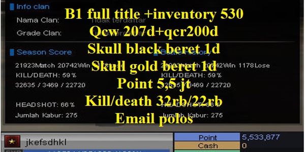 B1+plain email+inventory 530+points 5.5 million+qcw 207d+qcr 200d+skull b/g beret 1d